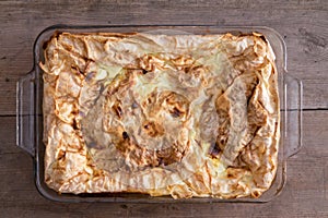 Freshly baked Turkish borek in an oven dish