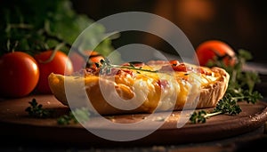 Freshly baked vegetarian baguette with tomato and mozzarella appetizer generated by AI