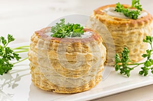 Freshly baked vol-au-vents with mushroom filling