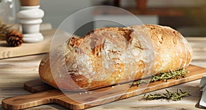 Freshly baked wheat bread on wooden cutting board on the table. AI Generated