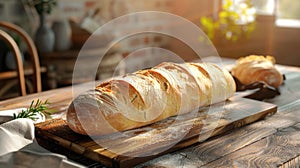 Freshly baked wheat bread on wooden cutting board on the table. AI Generated