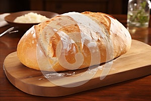Freshly Baked White Bread on a Wooden Board - Rustic Charm and Irresistible Freshness
