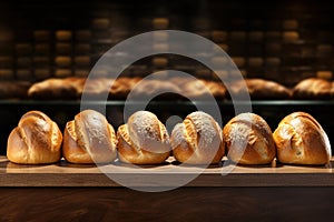 Freshly baked white wheat bread loaves neatly arranged on a table, set against blurred backdrop of a bakery or store