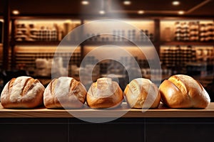 Freshly baked white wheat bread loaves neatly arranged on table, set against blurred backdrop of a bakery or store