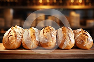 Freshly baked white wheat bread loaves neatly arranged on a table, set against blurred backdrop of bakery or store