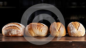 Freshly baked white wheat bread loaves neatly arranged on a table, set against blurred backdrop of store or bakery. With
