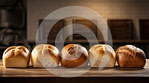 Freshly baked white wheat bread loaves neatly arranged on table, set against blurred backdrop of a store or a bakery