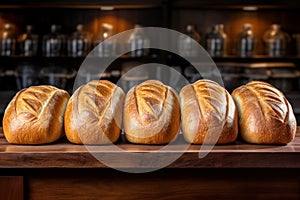 Freshly baked white wheat bread loaves neatly arranged on a table, set against blurred backdrop of a store or a bakery