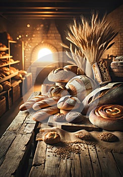 freshly baked whole wheat breads, loaves and buns on rustic wooden table in a bakery. Generative AI