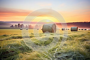 freshly baled hay in sunrise gleam