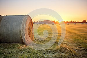 freshly baled hay in sunrise gleam