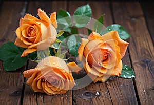 Freshly Bloomed Orange Roses with Morning Dew Drops on Wooden Surface in High Definition photo
