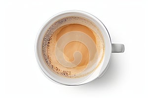 Freshly brewed aromatic coffee in a ceramic mug, top view, isolated on a clean white background