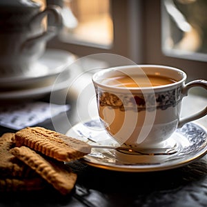 Freshly Brewed Coffee with Biscotti on Saucer