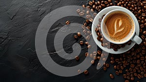Freshly brewed coffee cup with latte art on dark background. morning energy drink with coffee beans. simple elegance. AI