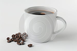 Freshly brewed coffee in a white mug with coffee beans