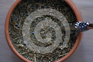 Freshly brewed mate in the calabaza. close-up. photo