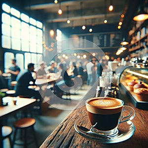 A freshly brewed ristretto with a defocused cafe environment. AI generated. photo