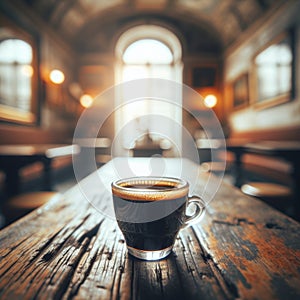 A freshly brewed Viennese coffee on a rustic wood table, with the background cafe softly out of focus.. AI generated.