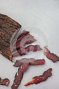 freshly carved traditional South African biltong a type of beef jerky