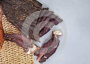 freshly carved traditional South African biltong a type of beef jerky