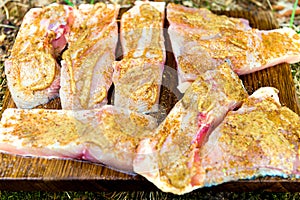 Freshly caught carp filleted and seasoned, prepared for cooking photo
