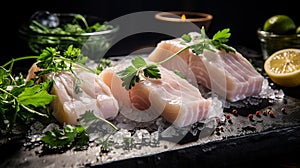 Freshly caught cod fillets with aromatic herbs and zesty lemon slice fresh seafood cuisine concept