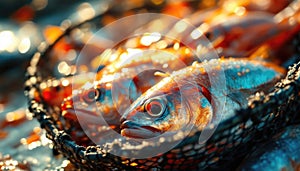 Freshly caught colorful fish in fishing net glimmering in sunlight photo