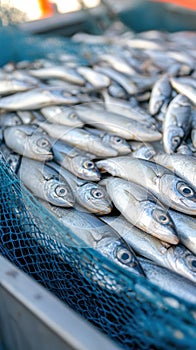 Freshly caught fish piled in a blue net on a fishing boat, AI photo