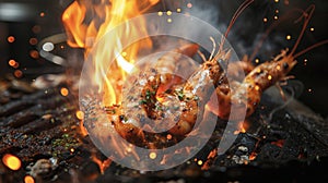 Freshly caught shrimp are given a fiery makeover as they are expertly skewered and p over hot coals. Flames dance around