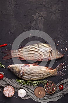 Freshly caught two carps with scales, ready to cook on a wooden board. Top view, copy space