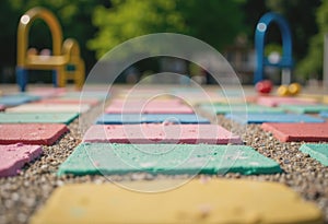 Freshly chalked hopscotch and colorful mini hoops zone on playground photo