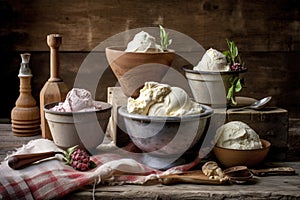 freshly churned ice cream in rustic ceramic bowls