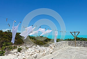 Freshly cleaned laundry blows in the breeze in Turks and Caicos