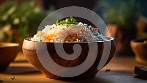 Freshly cooked basmati rice in gourmet lunch bowl, close up freshness generated by AI