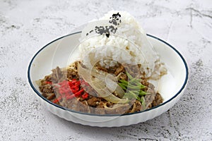 Freshly cooked beef gyudon with rice