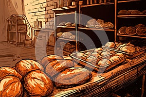 Freshly cooked bread products in bakery. Popular type of small business. Loaves of bread waiting for buyers