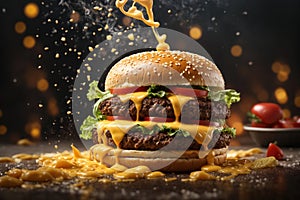 Freshly cooked burger. The cheese spreads over the crispy bun, realistic render smoke, dramatic lighting and cinematic lighting
