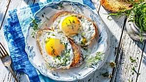 Freshly cooked eggs on toast garnished with herbs, served on a rustic table setting