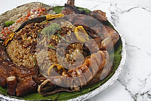 Freshly cooked Filipino food platter called Boodle Fight