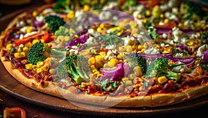 Freshly cooked gourmet pizza on rustic wood table generated by AI