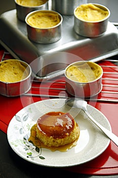 Freshly cooked Leche Flan on a table