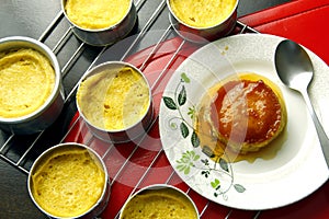 Freshly cooked Leche Flan on a table