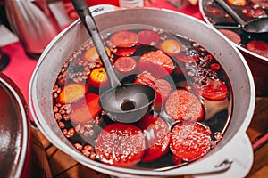 Freshly cooked mulled wine in the pan