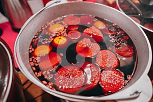 Freshly cooked mulled wine in the pan