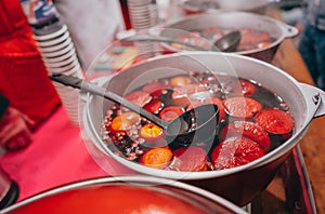 Freshly cooked mulled wine in the pan