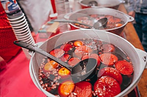 Freshly cooked mulled wine in the pan