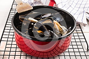 Freshly cooked mussels in a red enamel pot