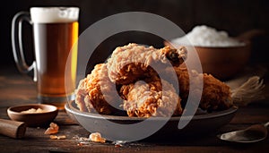 Freshly cooked pub food on rustic table with fried chicken generated by AI