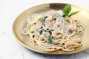Freshly cooked seafood carbonara pasta